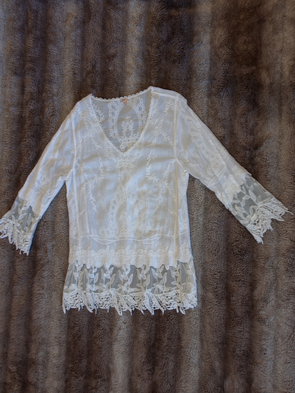 Reba White Embroidered Lace Long Sleeve Tunic Swim Cover-Up Boho Large